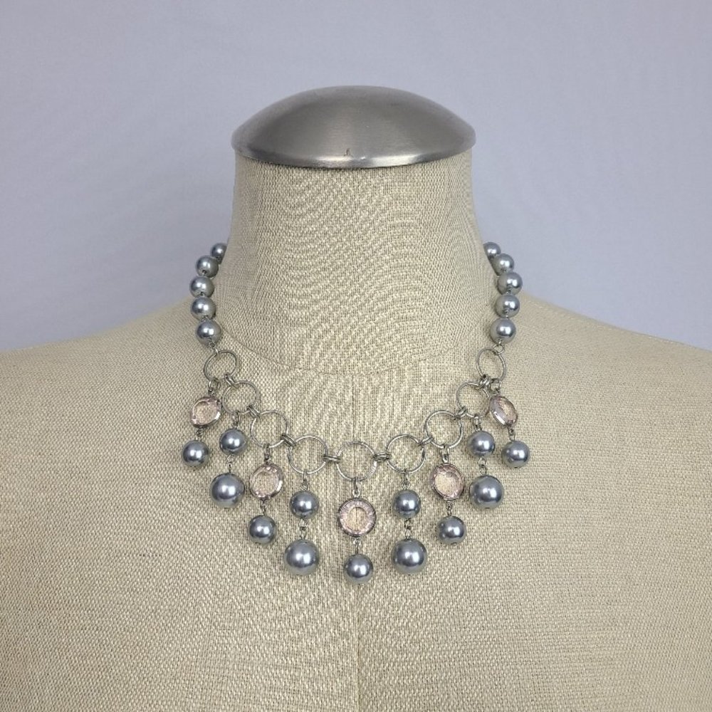 Silver Faux Pearl Bezel Chandelier Statement necklace